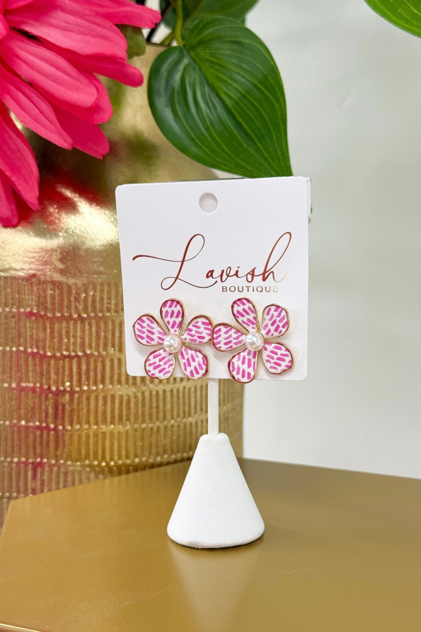 Pink and gold patterned flower earrings