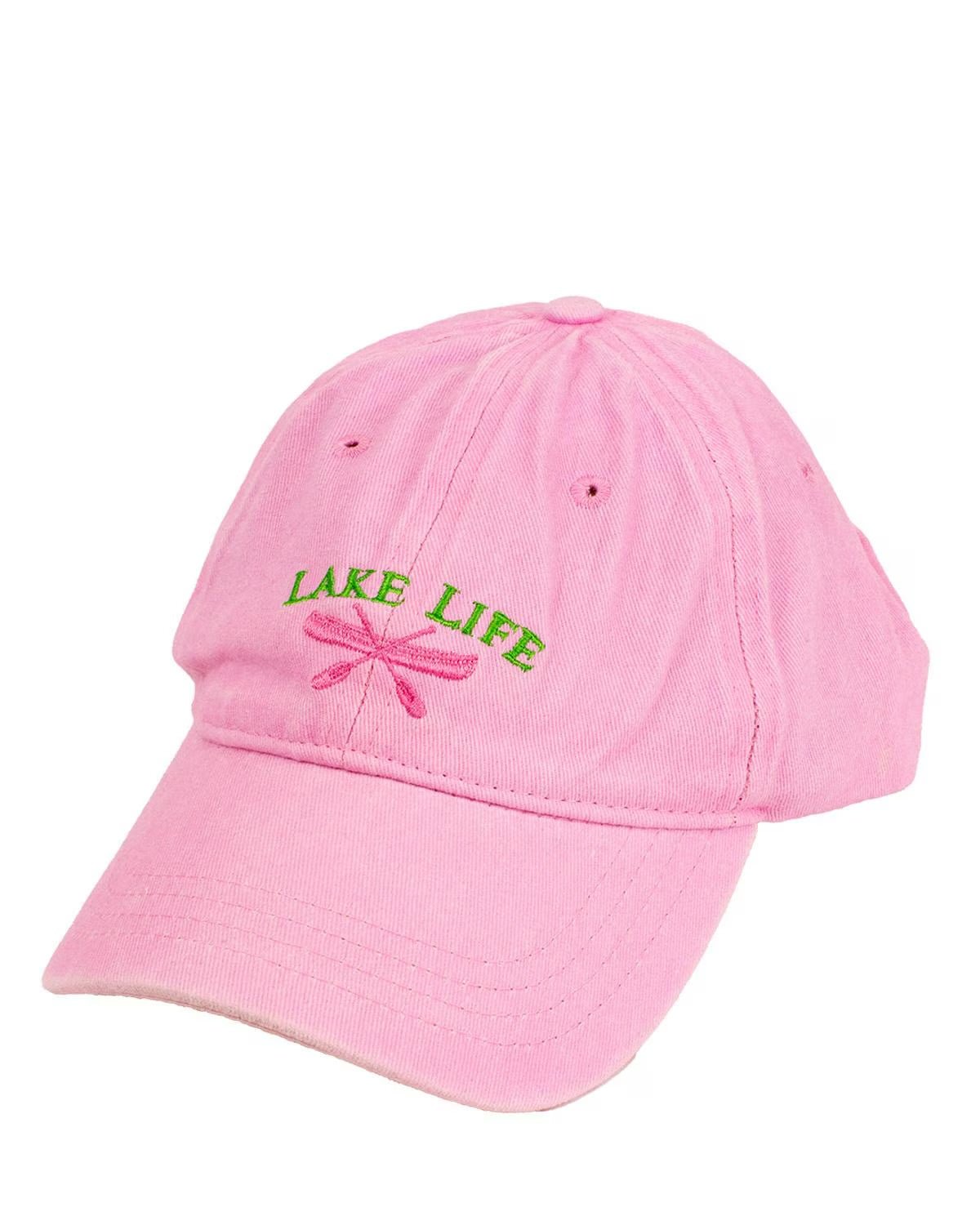 Pink and green baseball hat with Lake Life lettering