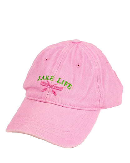 Pink and green baseball hat with Lake Life lettering