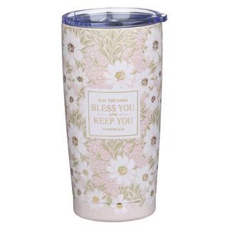 Pink tumbler lettered Bless You and Keep You