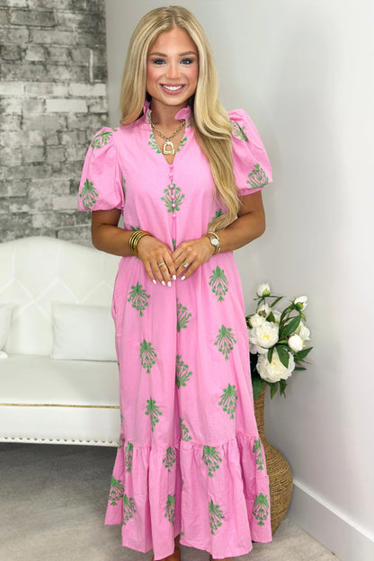 Puff sleeve dress with floral embroidery at the neckline