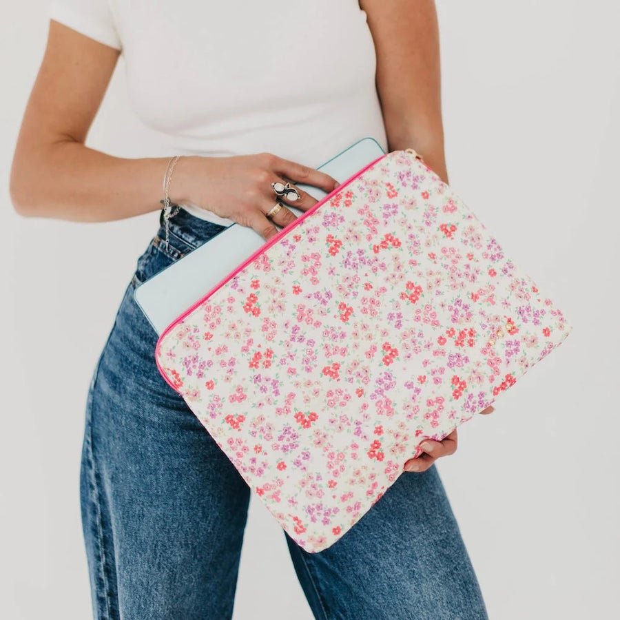 Pink floral print puffer laptop sleeve