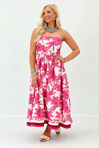 Strapless cotton midi dress in a bold pink floral print