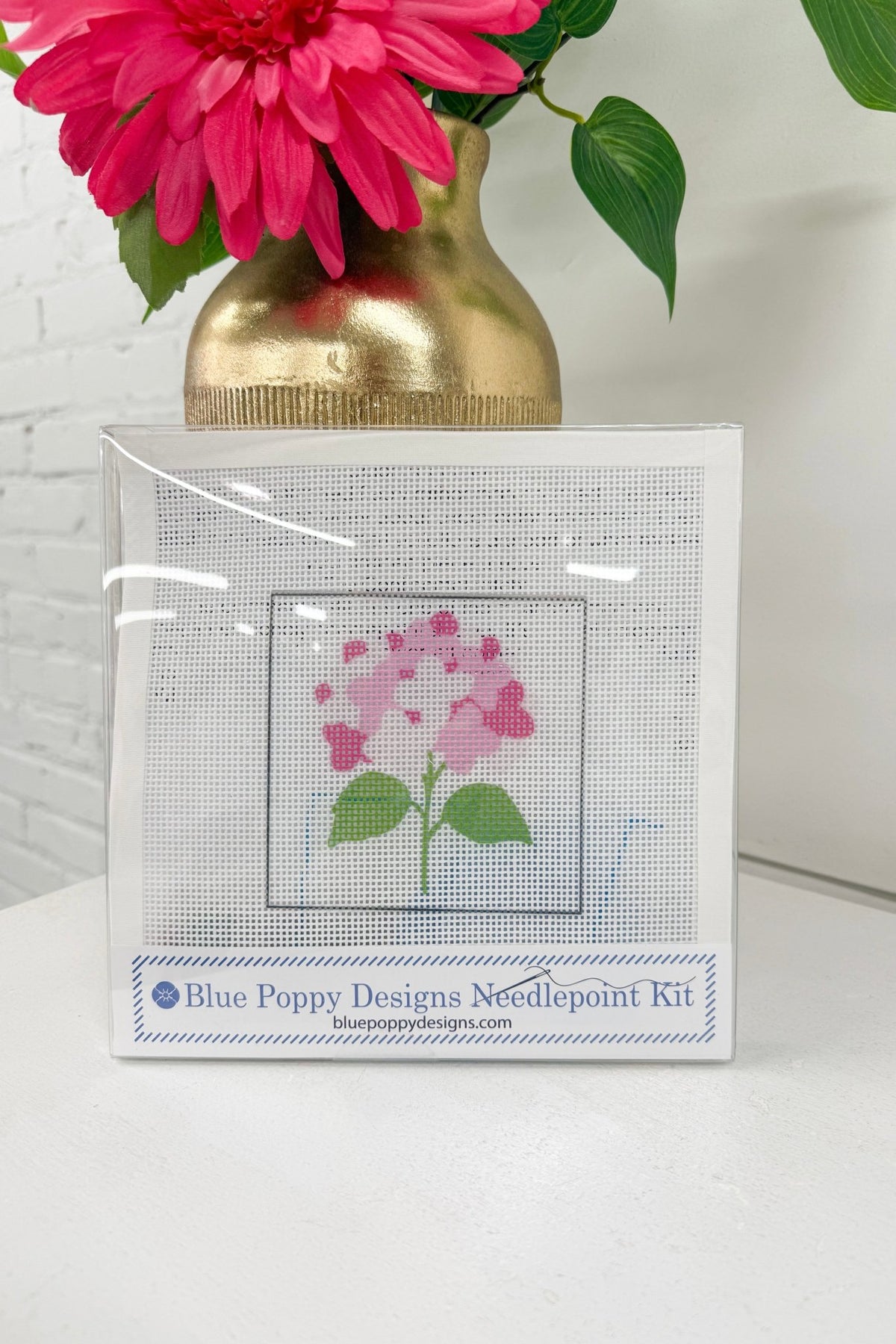 Needlepoint kit with a pink hydrangea canvas