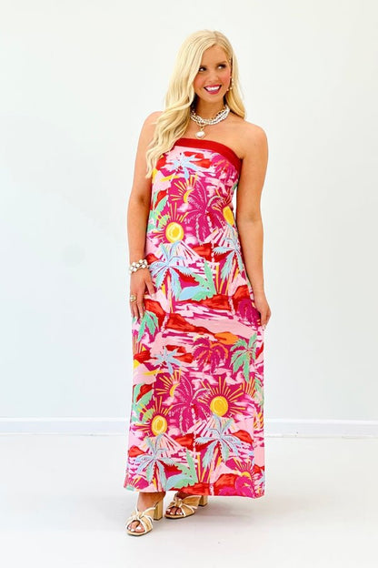 Strapless printed dress with a contrasting waistband