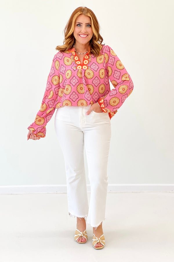 Pink Multi Printed V - Neck Top - Lavish Boutique Tops