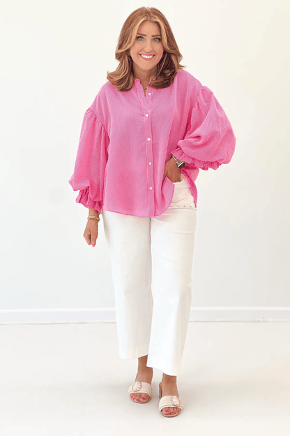 Pink Pinstripe Bubble Sleeve Top - Lavish Boutique Tops