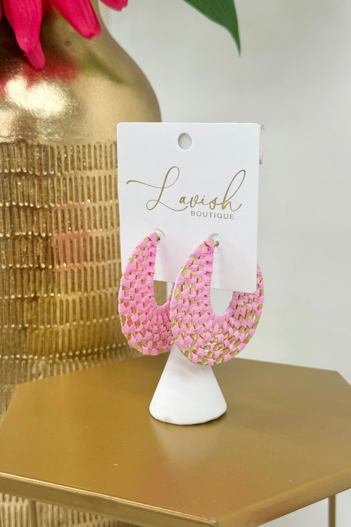 Pink woven raffia open hoop earrings