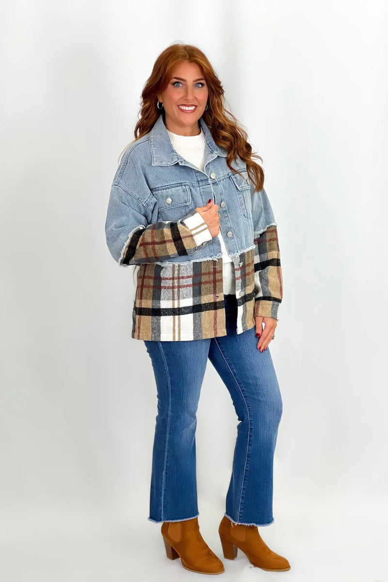 Denim Color Block Plaid Denim Jacket