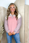 Mauve Color Block Long Sleeve Collar Top