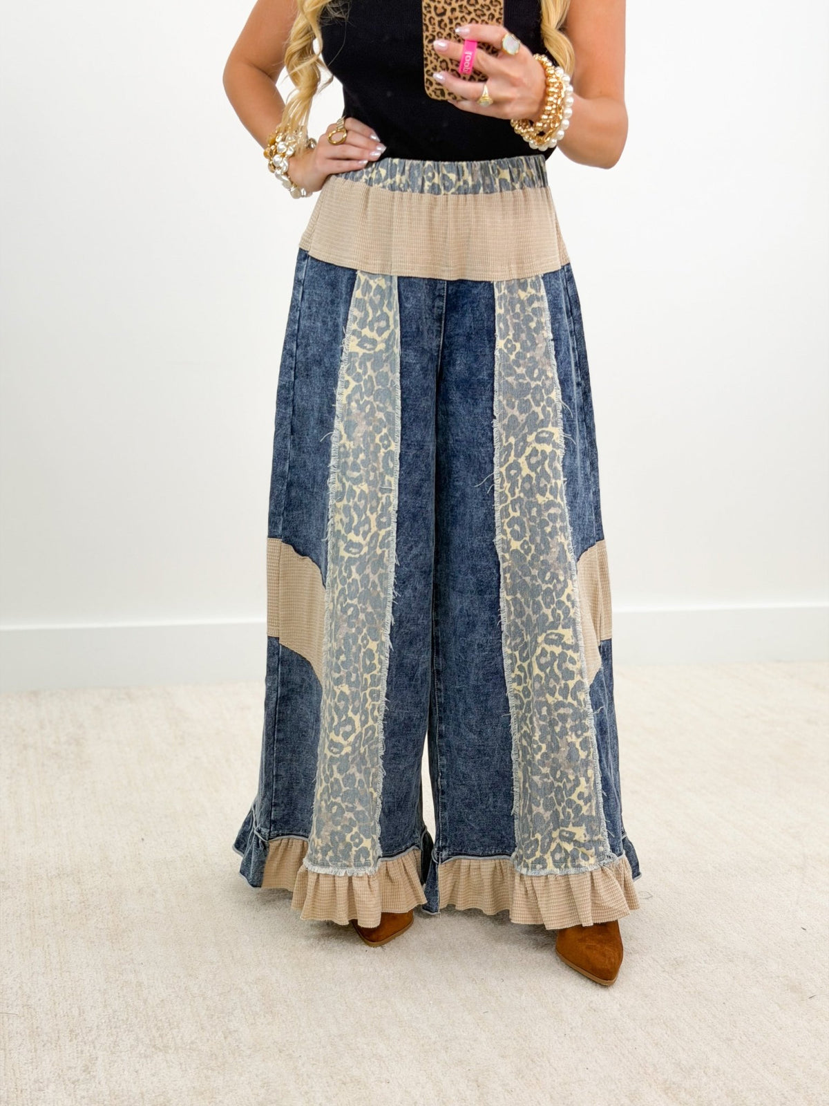 Indigo denim style pants with animal print patchwork detail