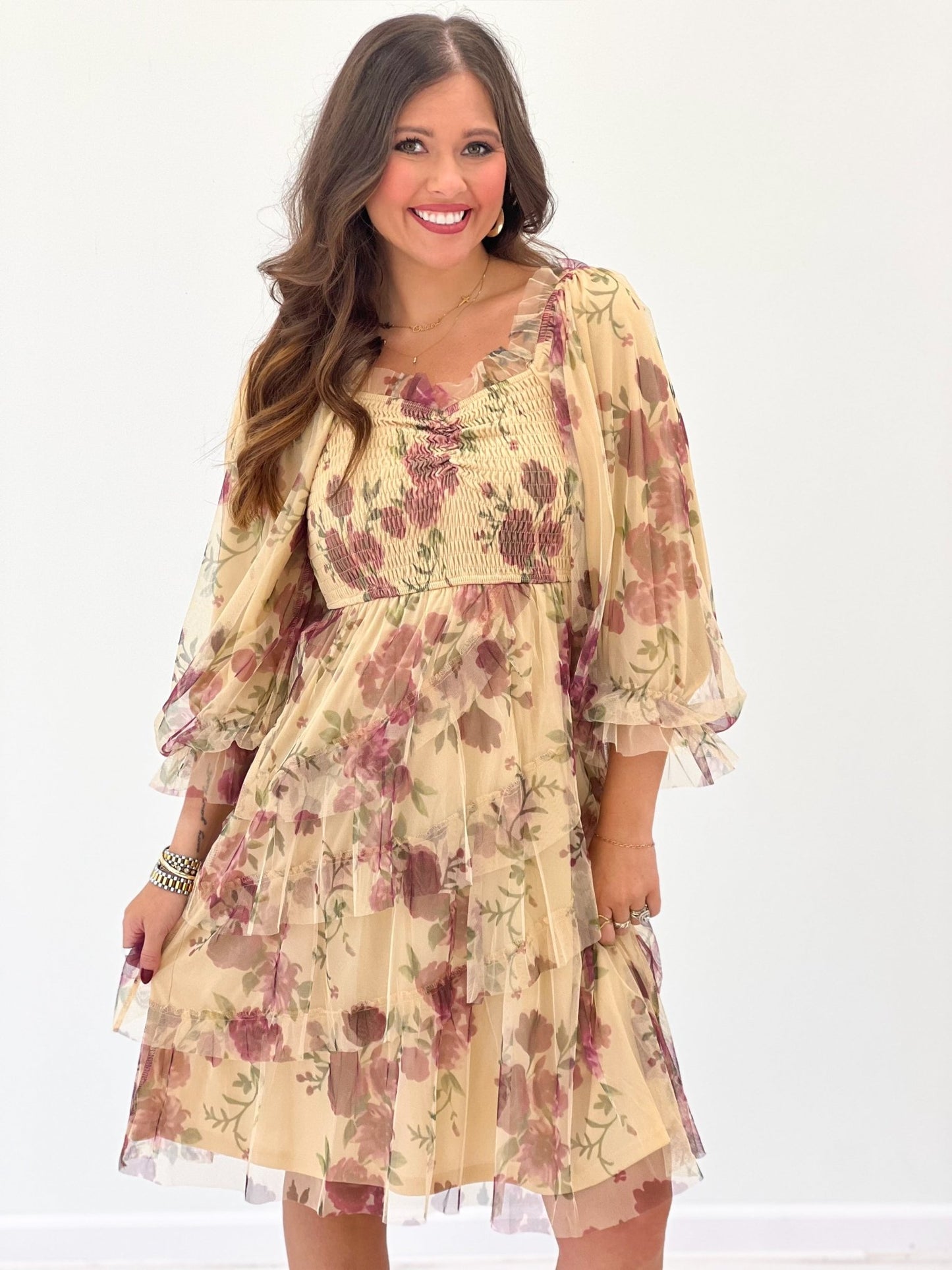 Floral print long-sleeve dress in cream with pink and green accents