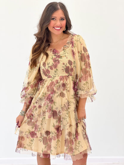 Floral print long-sleeve dress in cream with pink and green accents