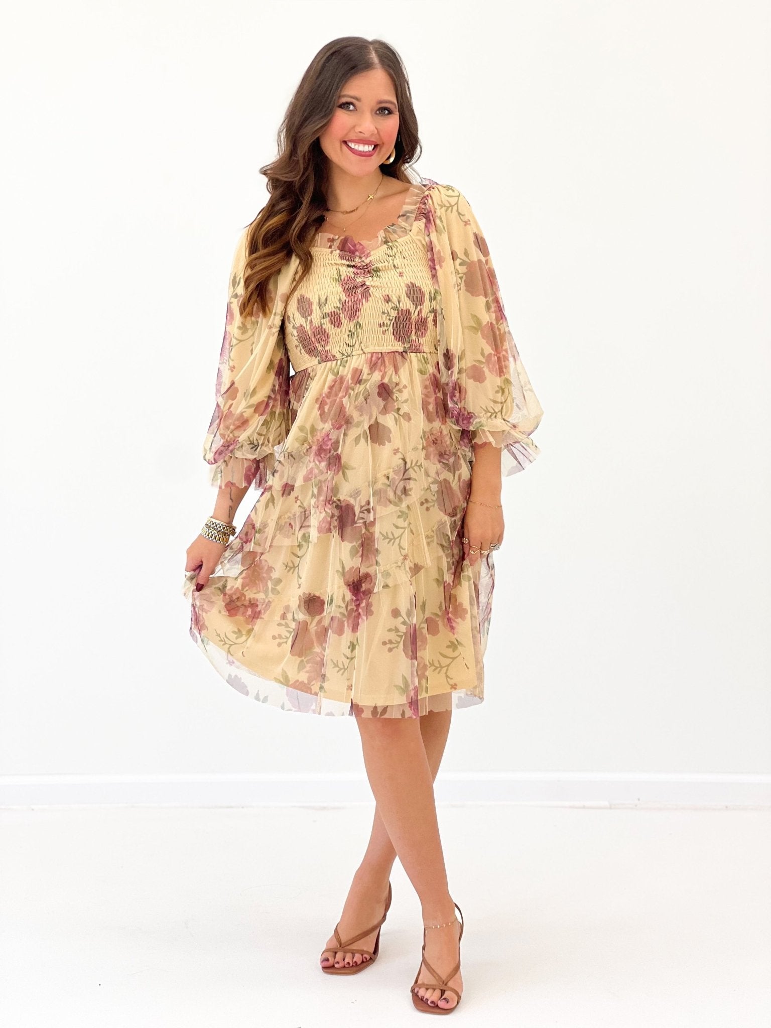 Cream floral print dress with long sleeves