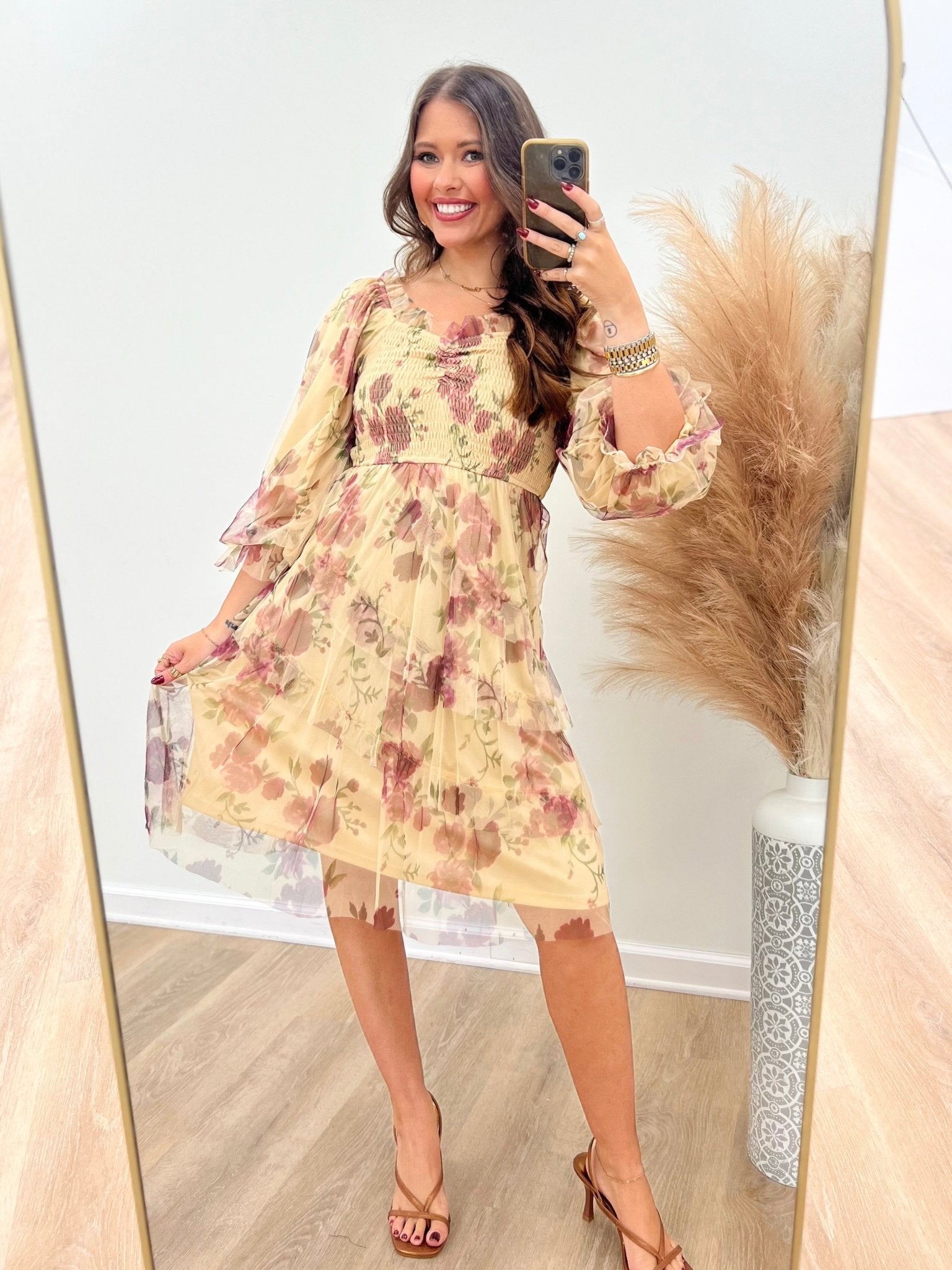 Long sleeve dress in a cream multicolour floral print
