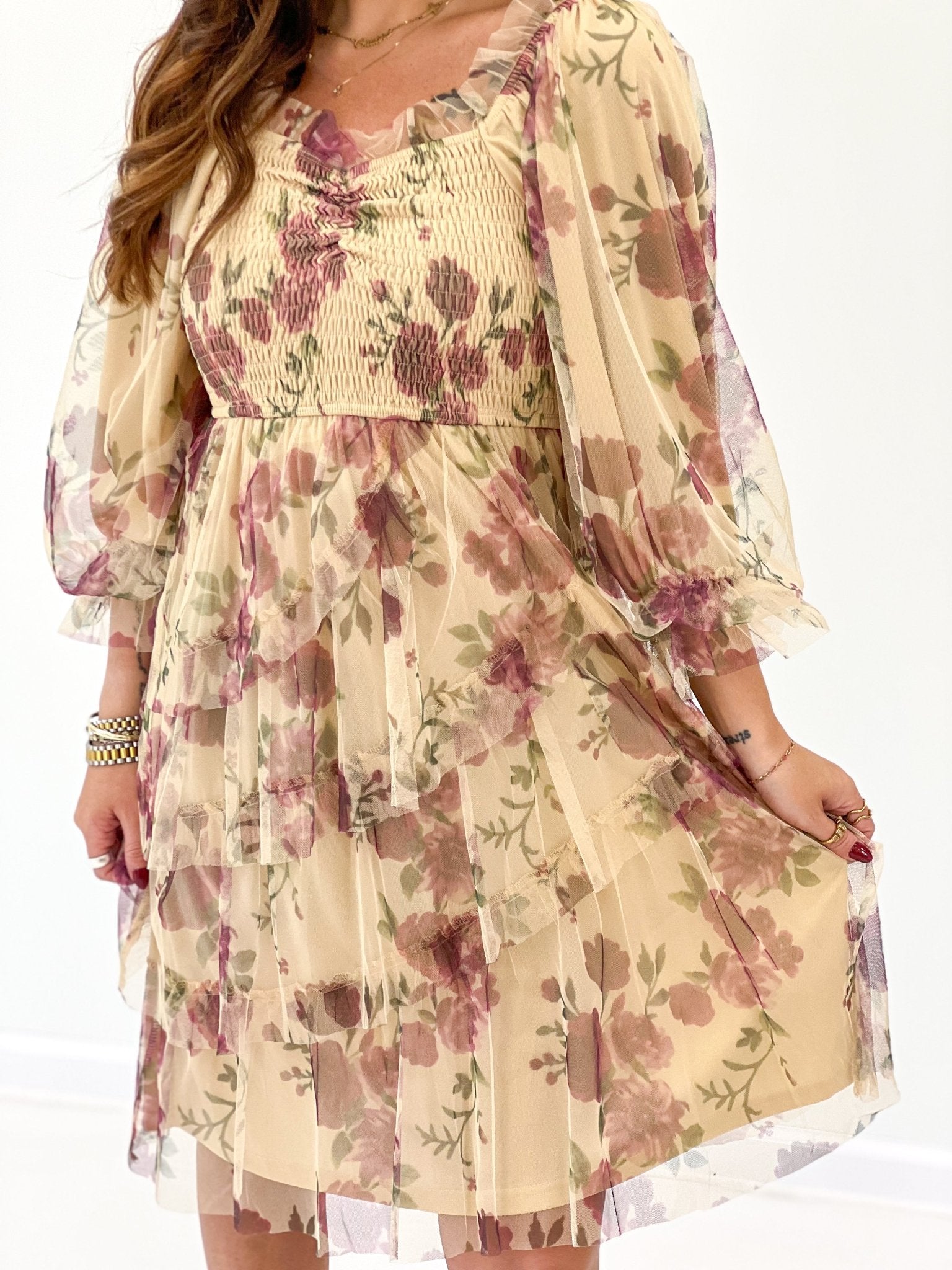 Cream multi floral dress with full-length sleeves