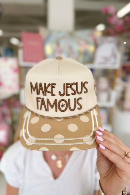Make Jesus Famous embroidered on a polka dot cap