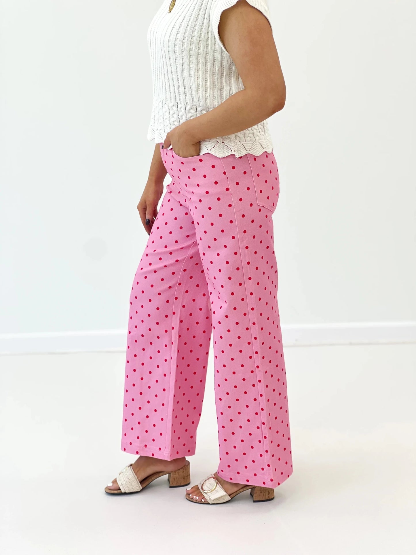Polka dot wide leg pants with a straight hem