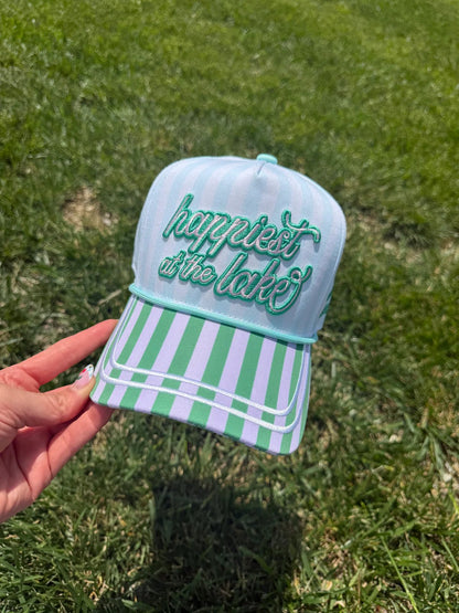 Multicolour lake hat with Happiest at the Lake script