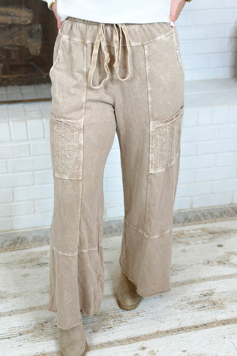 Taupe Mineral Wash Eyelet Pants