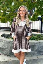 Brown Half Zip Striped Sweater Dress