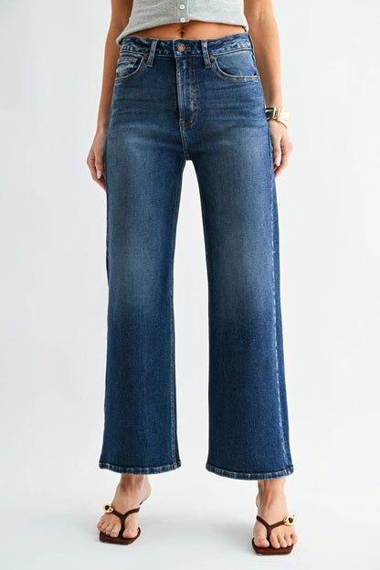 Dark wash high rise wide leg jeans