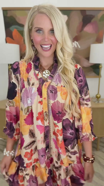 Umgee Floral Smocked Yoke Button Front Mini Dress