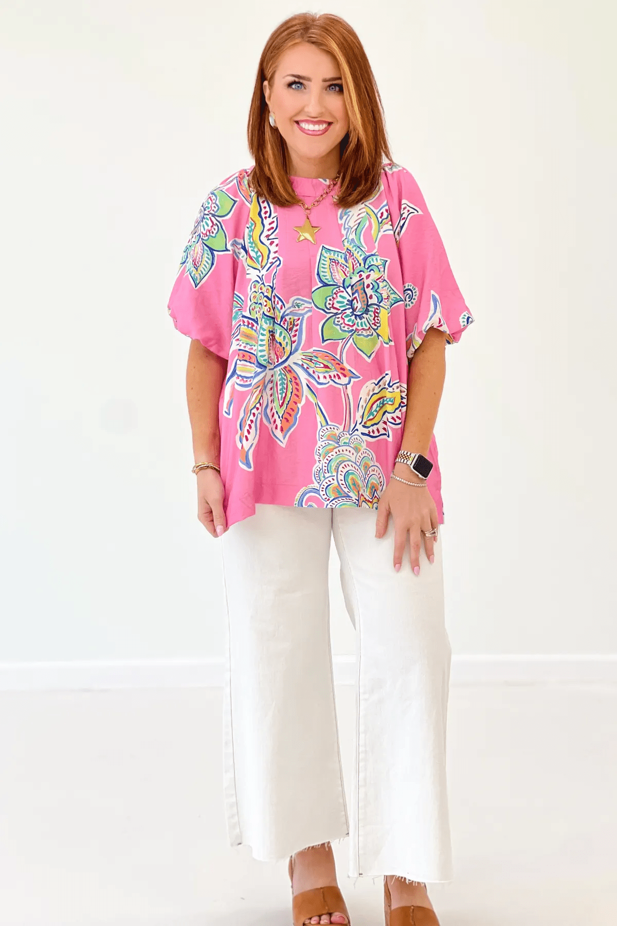 Printed Bubble Sleeve Top - Lavish BoutiqueTops