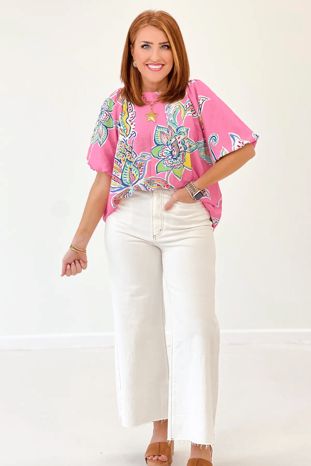 Printed Bubble Sleeve Top - Lavish BoutiqueTops