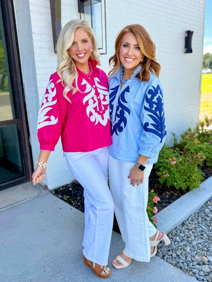 Printed Collar Neck Long Sleeve Top - Lavish BoutiqueTops