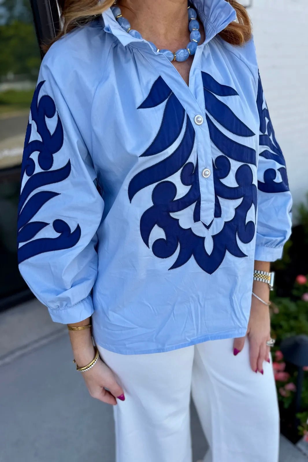 Printed Collar Neck Long Sleeve Top - Lavish BoutiqueTops