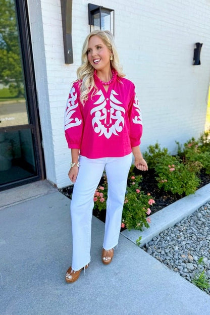 Printed Collar Neck Long Sleeve Top - Lavish BoutiqueTops