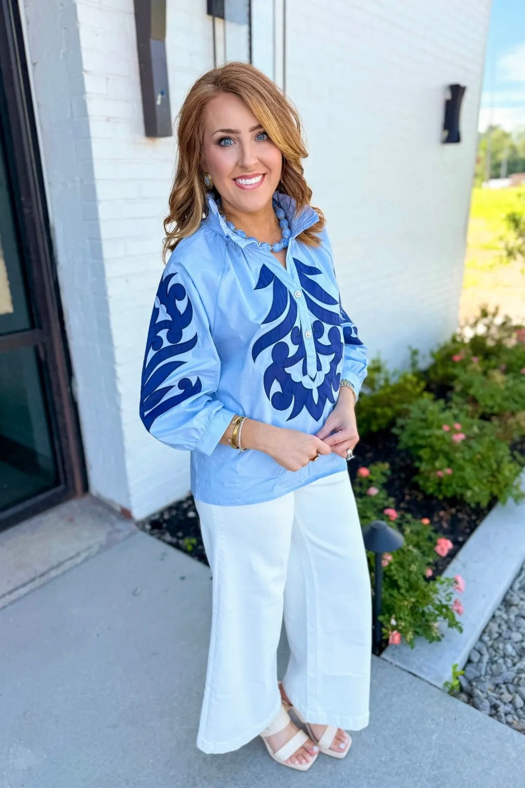 Printed Collar Neck Long Sleeve Top - Lavish BoutiqueTops