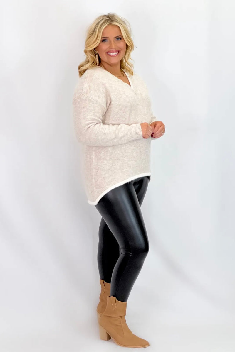 Oatmeal Drop Shoulder V-Neck Sweater