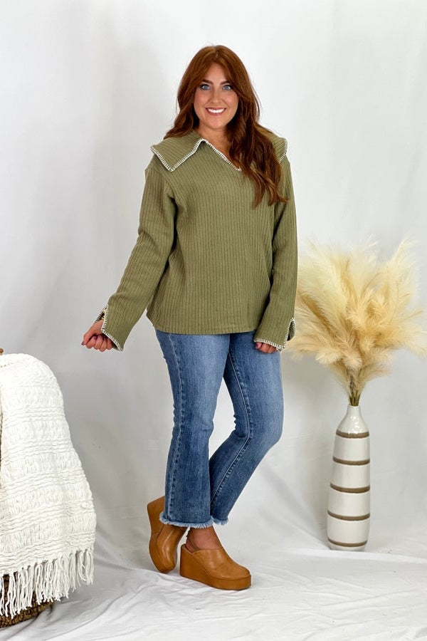 Olive Brushed Rib Split Collared Top