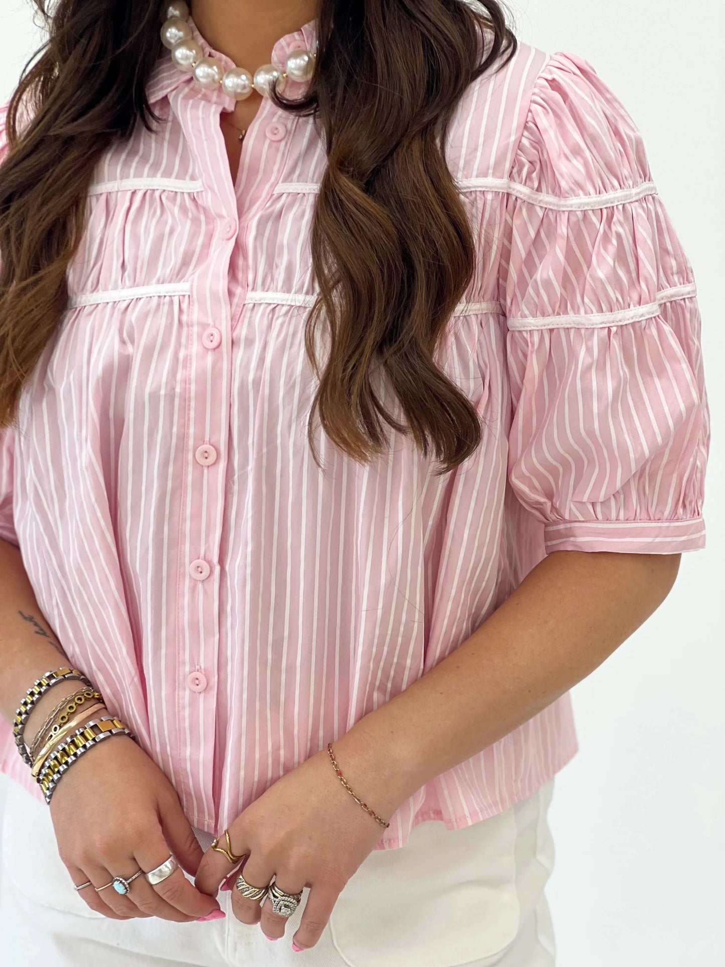 Puff Sleeve Stripe Detail Top - Lavish BoutiqueTops
