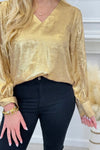 Gold Metallic V-Neck Cuff Sleeve Top