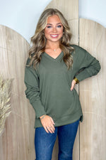 Olive V-Neck Side Slit Long Sleeve Top