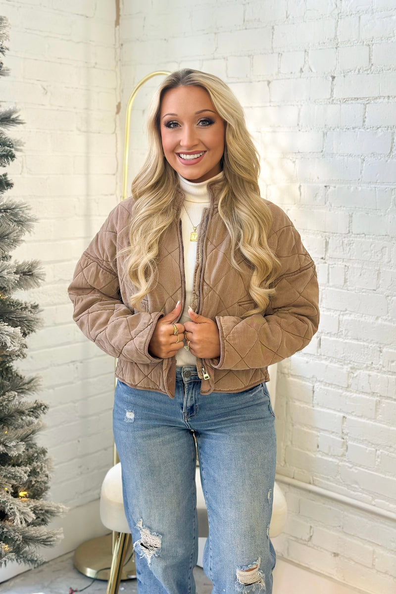 Mocha Quilted Zip Up Jacket