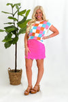 Orange and Pink Short Sleeve Color Block Sweater