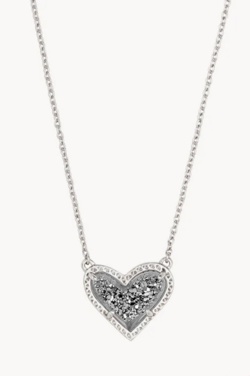 Kendra Scott Ari Heart Rhod Platinum Drusy Necklace