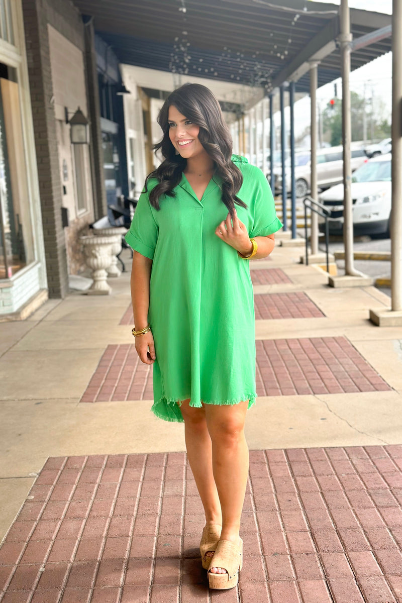 Lime Green Linen V-Neck Collared Dress