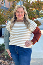 Taupe and White Color Block Stripe Sweater