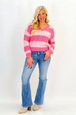 Pink Knit V-Neck Stripe Sweater