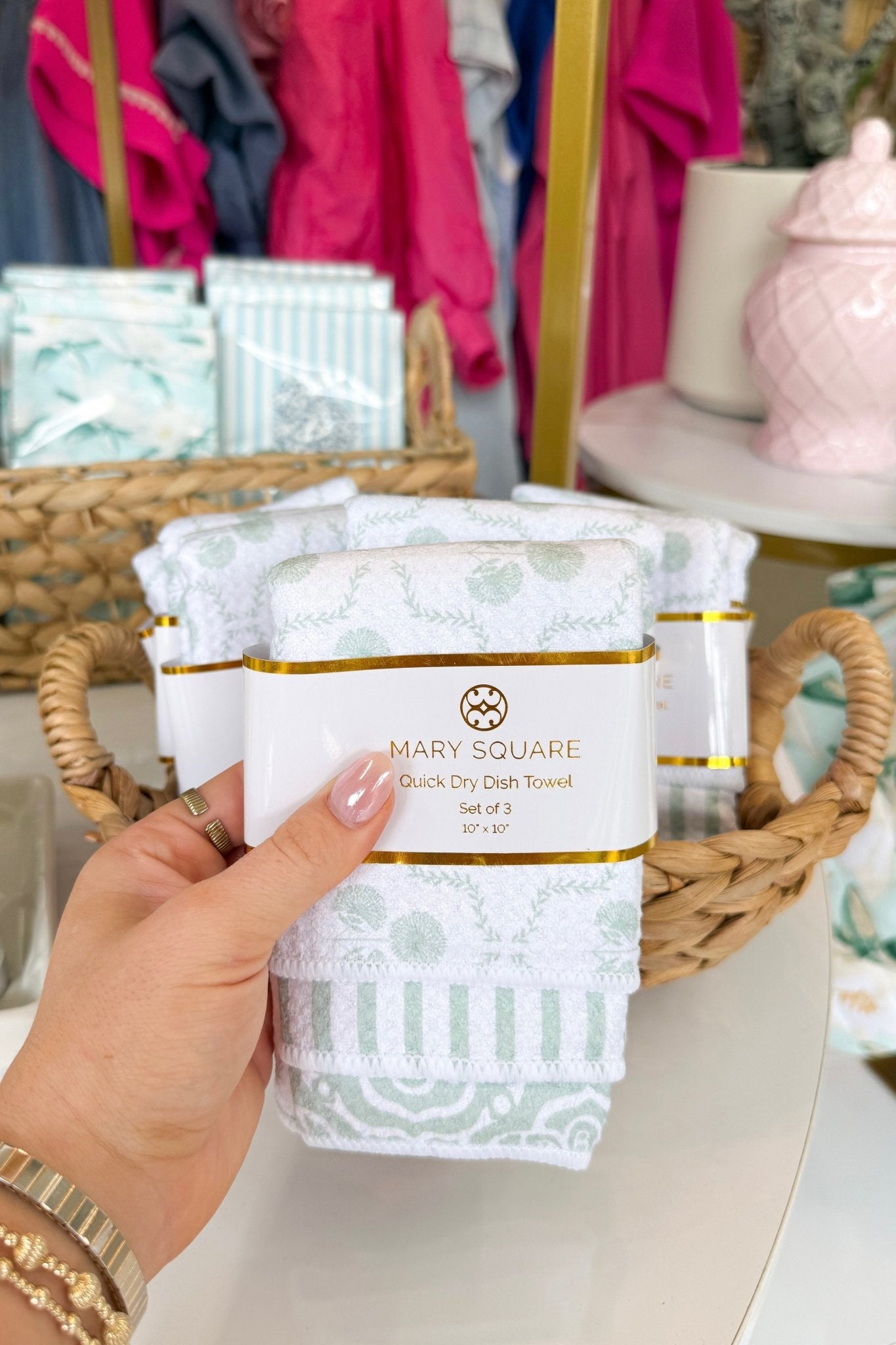 Sweet Briar Charm dish towel in sage with a quick-dry weave