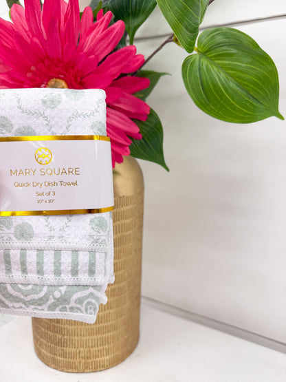 Quick dry kitchen towel in a sage Sweet Briar Charm design