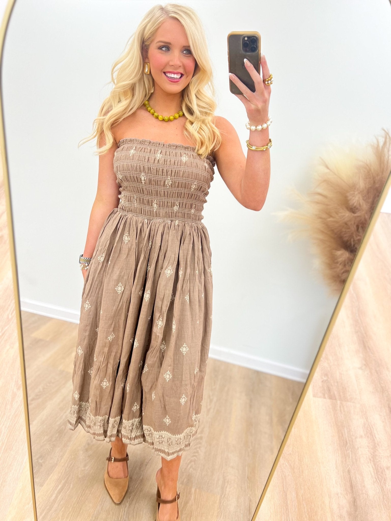 Mocha strapless smocked midi dress with lace-trim hem and small star-like embroidery