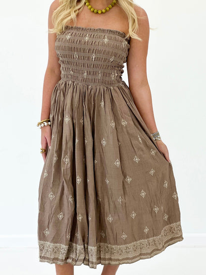 Mocha strapless smocked bodice midi dress with allover tiny embroidered motifs