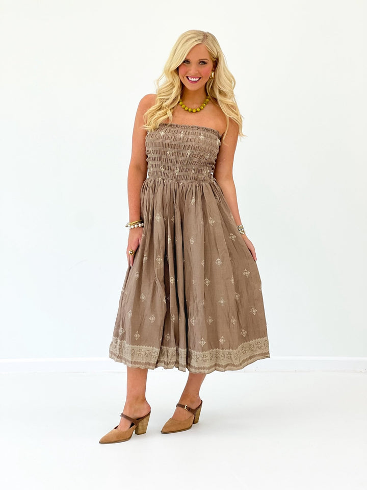 Mocha strapless smocked midi dress with gathered skirt and delicate lace trim