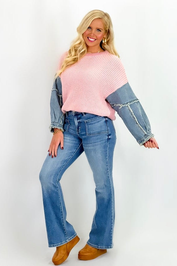 Blush Colorblock Denim Detail Sweater